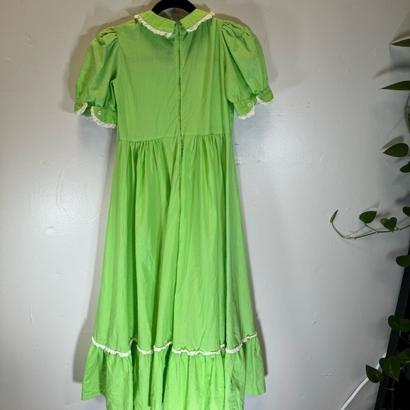 Vintage green maxi midi dress baby doll Peter Pan collar lace ruffle puff sleeve - Picture 5 of 16